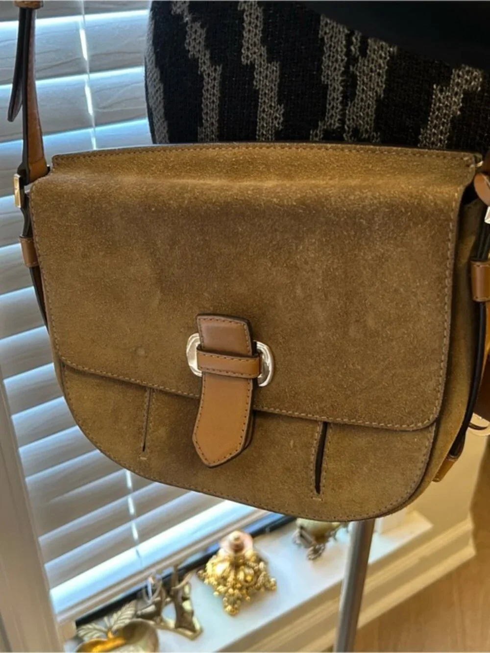 Classic Brown Suede Crossbody Bag with Tan Trim